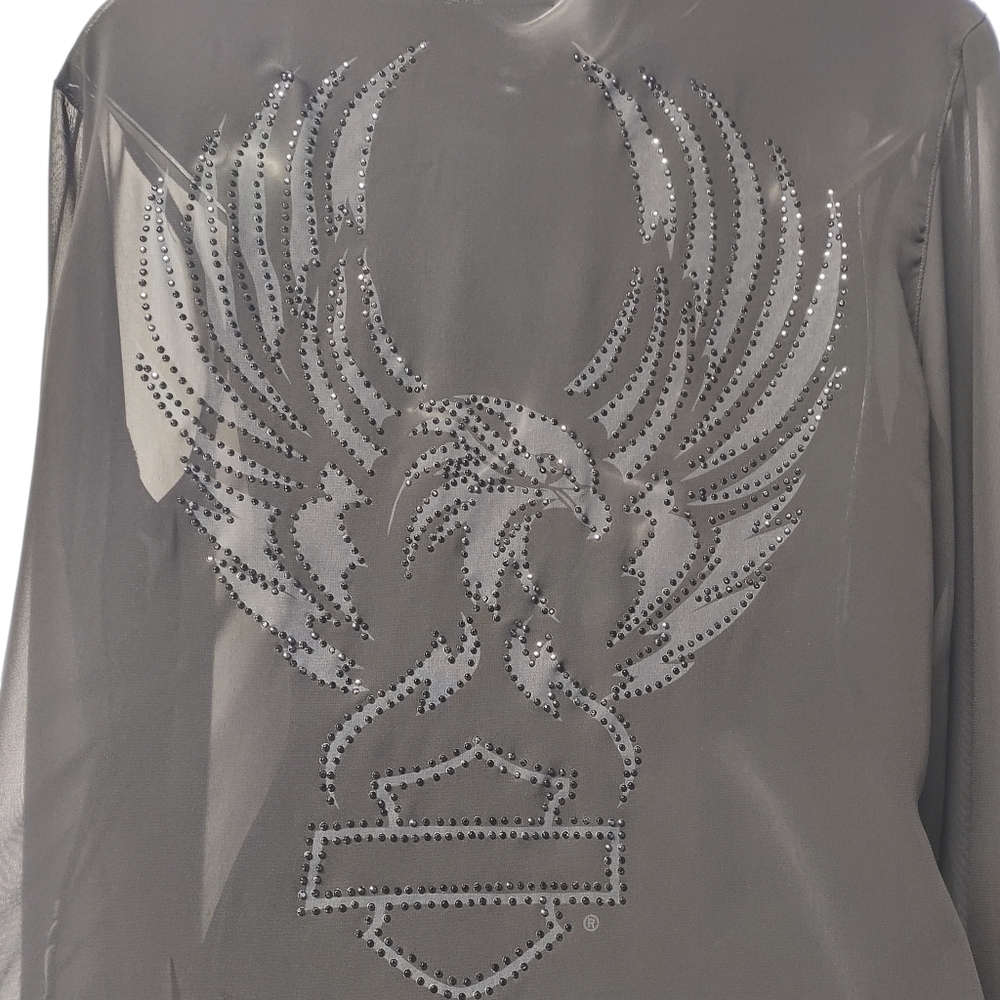 Harley-Davidson Womens L Black Sheer Button-Up Blouse Rhinestone Eagle Sheer Top - Picture 4 of 8